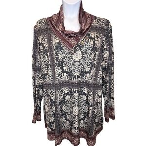 Azalea by Firmiana Womens Black Brown Damask Print Tunic Top Sz 3XL Boho Mandala